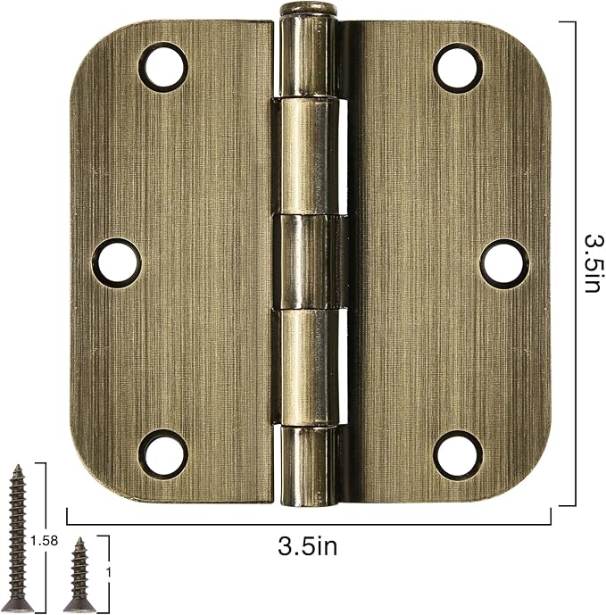 6 Pack Antique Brass Door Hinges 3.5 Inch Black Interior 3 1/2" Rounded 5/8" Radius Standard Residential Bedroom Indoor for Doors 3 ½" Hardware Control House Home Decor Essentials Acessories