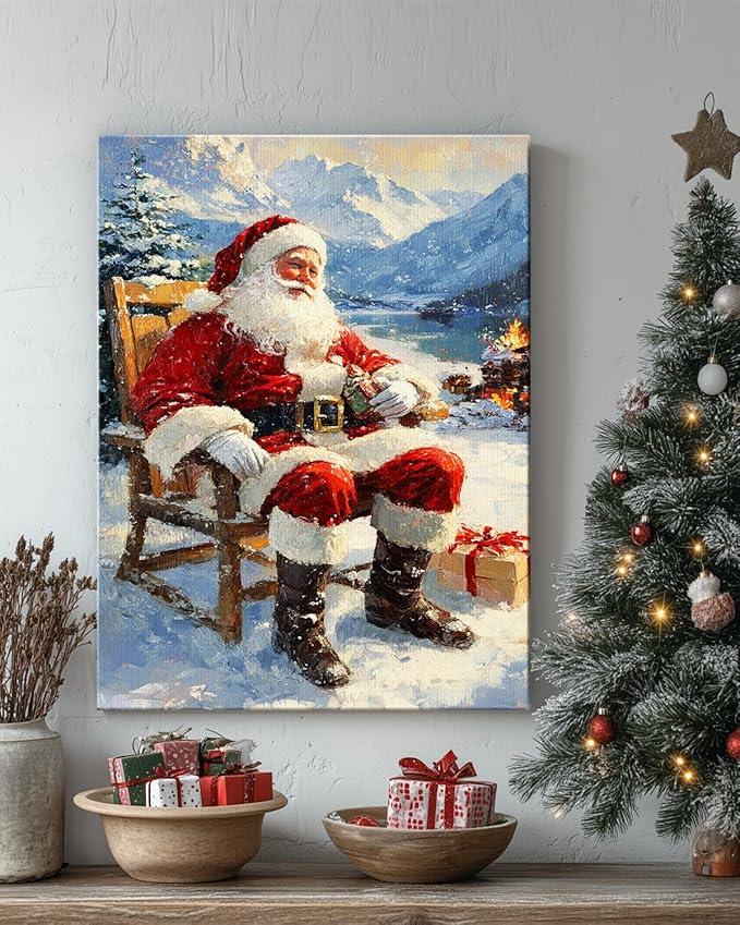 Vintage Santa Claus Christmas Canvas Wall Art - Festive Holiday Painting for Living Room,Bedroom & Bathroom, Cozy Winter Decor Framed Print, Perfect Christmas Gifts & Home Decoration