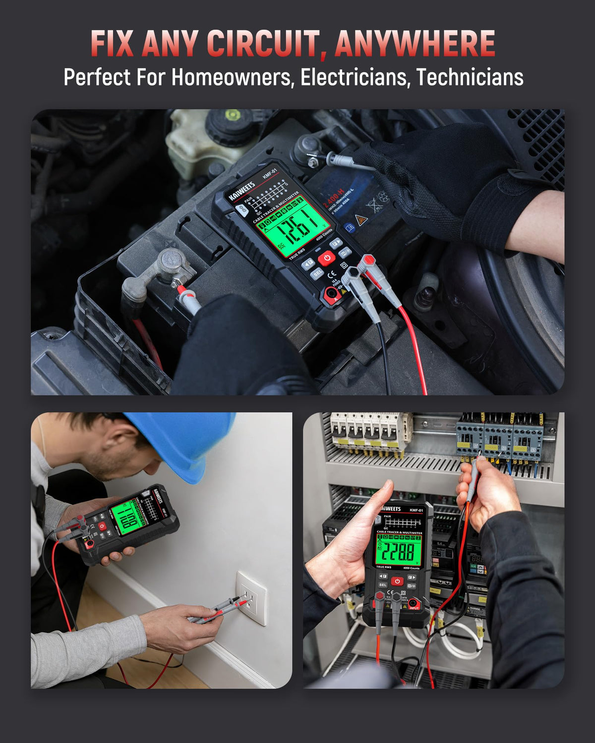 KAIWEETS 3-in-1 Multimeter & Cable Tracer Kit, Auto-Ranging Digital Multimeter with True RMS 4000 Counts, RJ45/RJ11 Wire Tracing & NCV Voltage Detector for Electricians, Home DIY & Auto Repair KMF-01