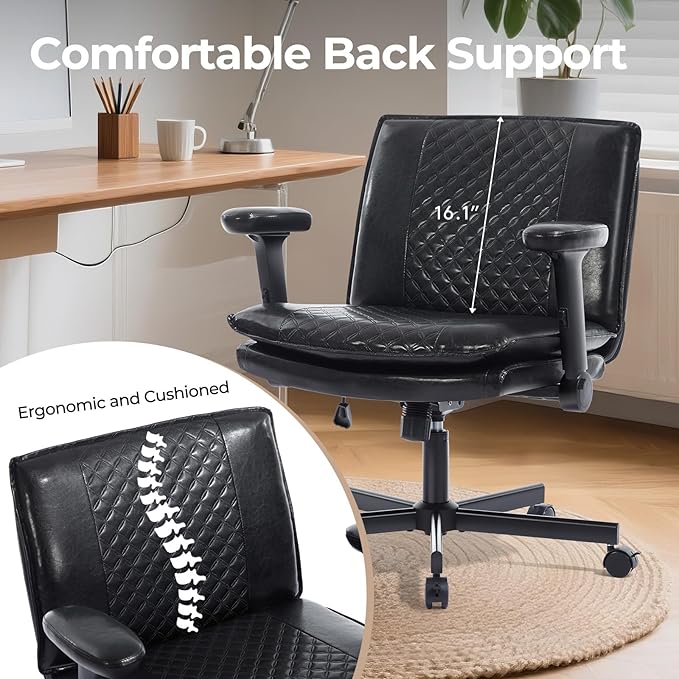 Criss Cross Chair with Flip-Up Arms and Lockable Wheels, Leather Cross Legged Office Desk Chair，Wider 125°Tilting Adjustable Swivel Computer Chair for Home, Apartment, Bedroom,Black 1