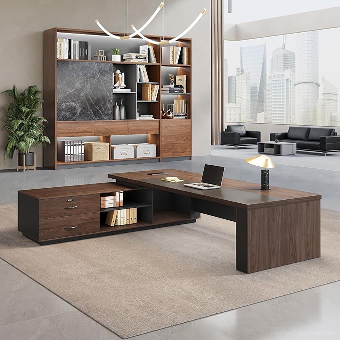 L-Shaped Executive Desk with LED Lights, Lockable Storage & 3-in-1 Charging Station, Reversible Cabinet, Modern Wood Office Desk for CEO, Manager & Home Office(Red Walnut+Black, 95"L*71"W*30"H)