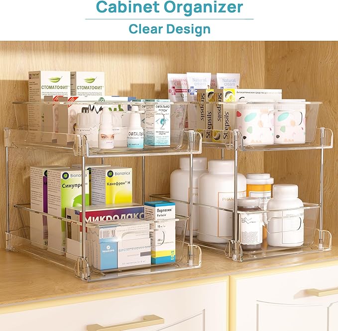 Vtopmart 4 Pack Bathroom Organizer, 2 Tier Clear Under Sink Organizers Vanity Countertop Storage Container,Cabinet Drawers Bins, Pull-Out Organization with Track for Pantry, Kitchen