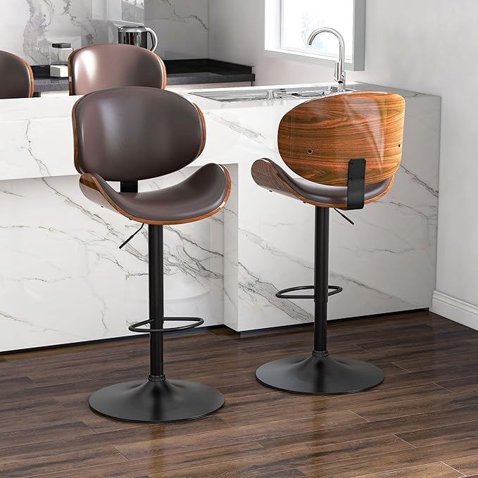 Adjustable Swivel Bar Stools Set of 3, Modern Bentwood Barstool with Large Metal Base and Footrest, PU Leather Upholstered Bar Chair with Curved Back for Kitchen Island Dining Room, Brown