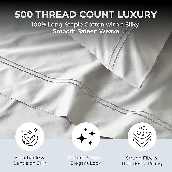 100% Natural Cotton Bed Sheets | 500 TC Single-Ply Sateen Weave Cal King Sheet Set | Breathable & Hypoallergenic Solid 4-Piece Bedding with Deep Pocket Fitted, Flat, Pillowcase | Grey