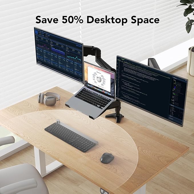 HUANUO Dual Monitor and Laptop Mount for Max 32” Monitor and 17” Laptop, Adjustable Arm with Tilt, Swivel and Rotation, Dual Monitor and Notebook Stand with VESA Bracket 75/100 mm