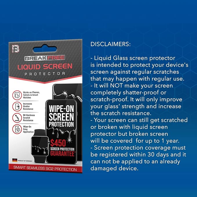 BREAK FREE Liquid Glass Screen Protector with USD 450 Coverage | For All Phones Tablets Smart Watches iPhone 17 Pro Max Galaxy S26 Ultra Wipe On Nano Liquid Screen Protector