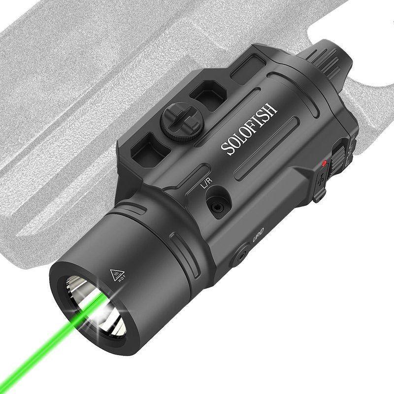 Solofish 1500lm Slidable Pistol Light and Green Beam Combo with Strobe/Momentary, Rechargeable Tactical Flashlight Compatible with Picatinny Rail
