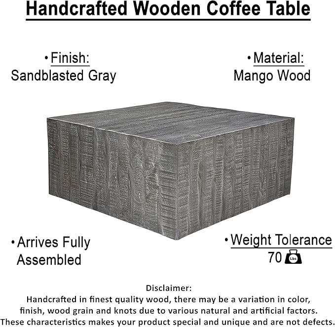 TUP THE URBAN PORT Rydan Coffee Table | 33 Inch Square Block Top | Sandblasted Gray Mango Wood