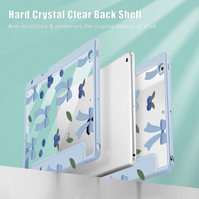 Tuiklol for iPad 10.2 inch 9th / 8th / 7th Gen 2021 2020 2019 Release Case | Built in Pencil Holder - TPU Protection Trifold Stand Stand Clear Back Tablet Cover With Auto Wake/Sleep Blue berries