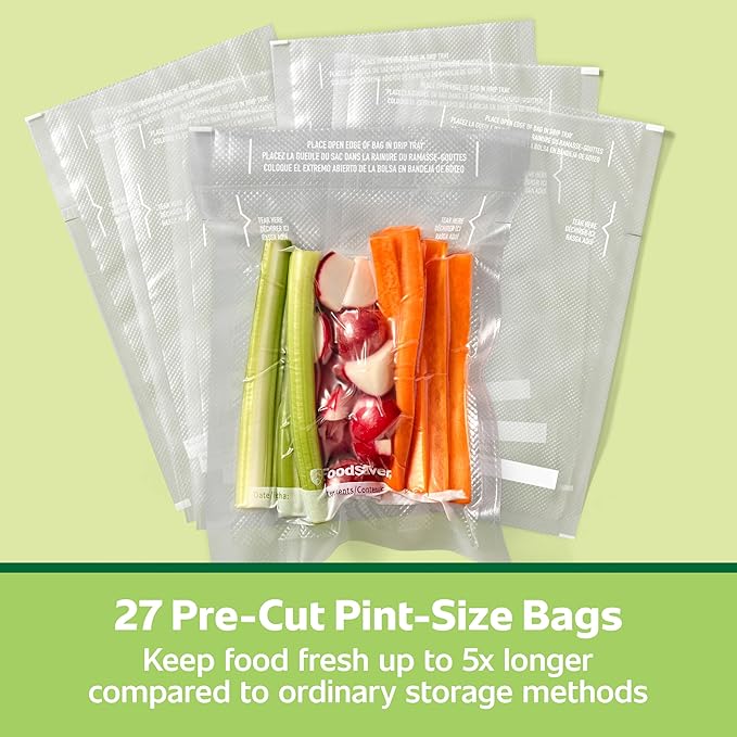 FoodSaver Pint Pre-Cut Vacuum Seal Bags, Easy Use Vacuum Storage Bags, Align to Seal and Tear to Open Vacuum Sealer Storage Bags, 27 Pack