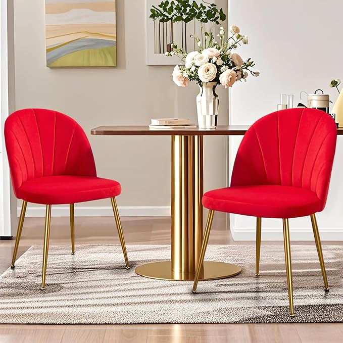 Velvet Dining Chairs Set of 2, Upholstered Mid Century Modern Dining Room Chairs, Armless Accent Chair with Metal Gold Legs for Living Room, Kitchen, Rose Red