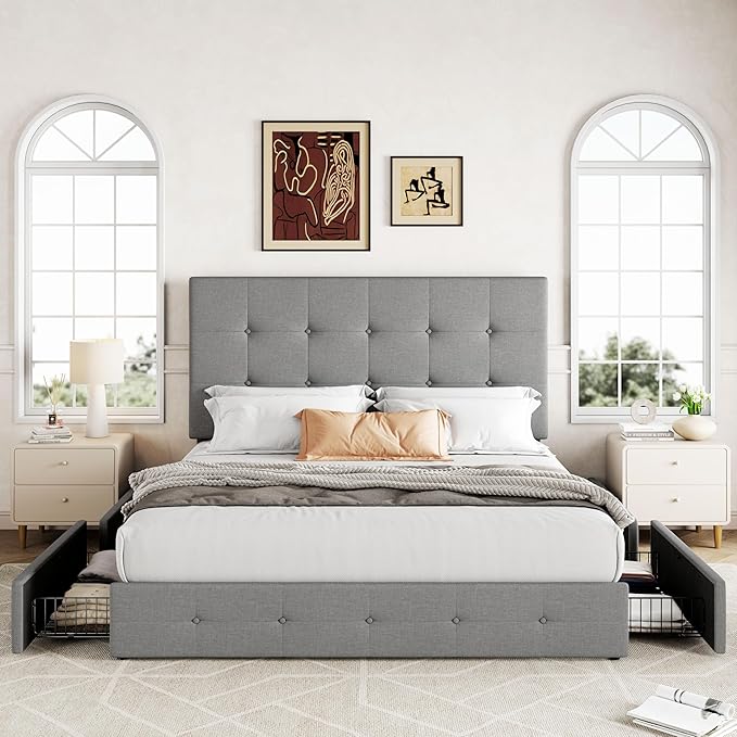 Allewie Upholstered Full Size Platform Bed Frame with 4 Storage Drawers and Headboard, Square Stitched Button Tufted, Mattress Foundation with Wooden Slats Support, No Box Spring Needed, Light Grey