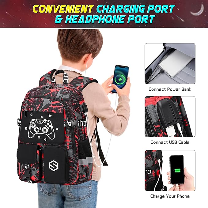 Boys Backpack, Cool Luminous Gamer School Backpacks for Boys with Kids Bento Lunch Box Lunch Bag Pencil Case, Kids Backpack Book Bags for Kindergarten Elementary Middle School