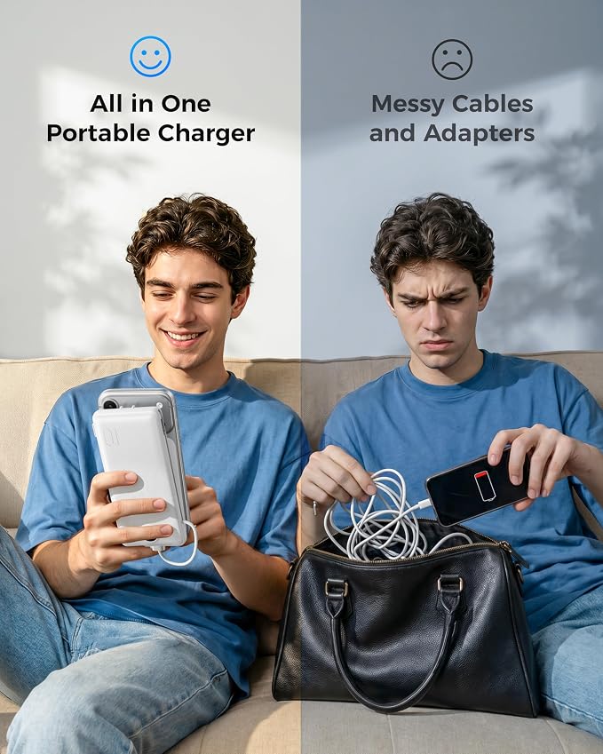 VEGER Portable Charger for iPhone Power Bank Built in Cable and Wall Plug | 10000mAhUltra Slim&ampCompact5 OutputsLED DisplayFlight-SafeTravel Essentials Battery Pack for iPhone 17iPad Samsun