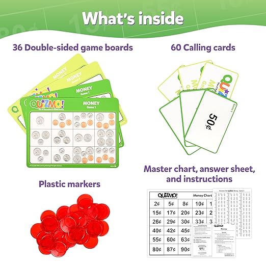 QUIZMO Money - Bingo-Style Money Game - 2 Levels of Difficulty for Ages 7-12 - Teach Basic Coin Recognition and Valuation