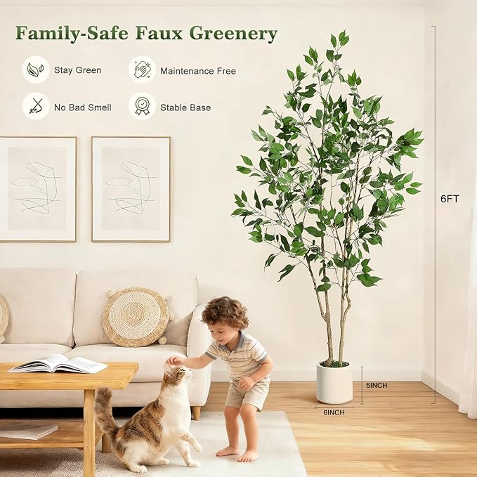 6FT Ficus Trees Artificial Indoor, Faux Silk Plant with Natural Wood Trunk and Lifelike Fruits, White Imitation Ceramic Planter with Green Fake Moss for Modern Home Office Living Room Decor
