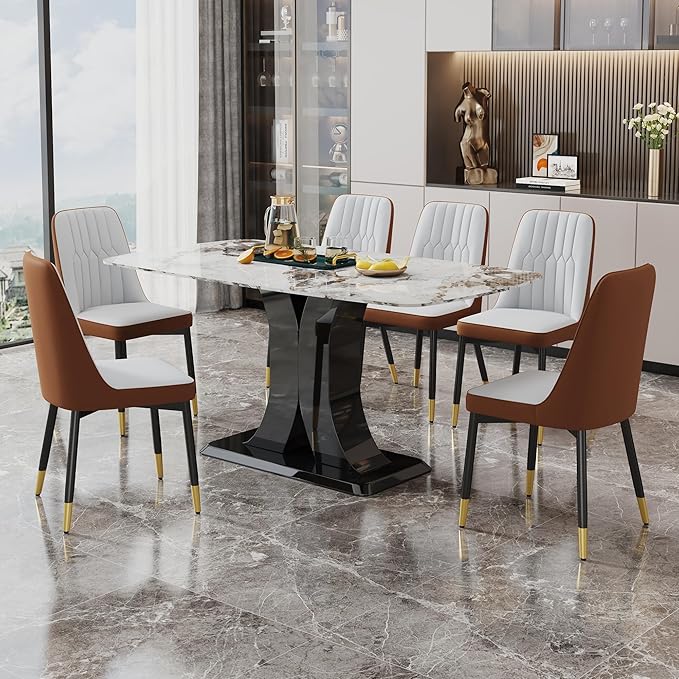 Dining Chairs Set of 6，Modern Dining Chairs, Equipped with PU Leather Backrest Cushions and Black Metal Legs, Suitable for Restaurants, Kitchens, and Dining Room Chairs