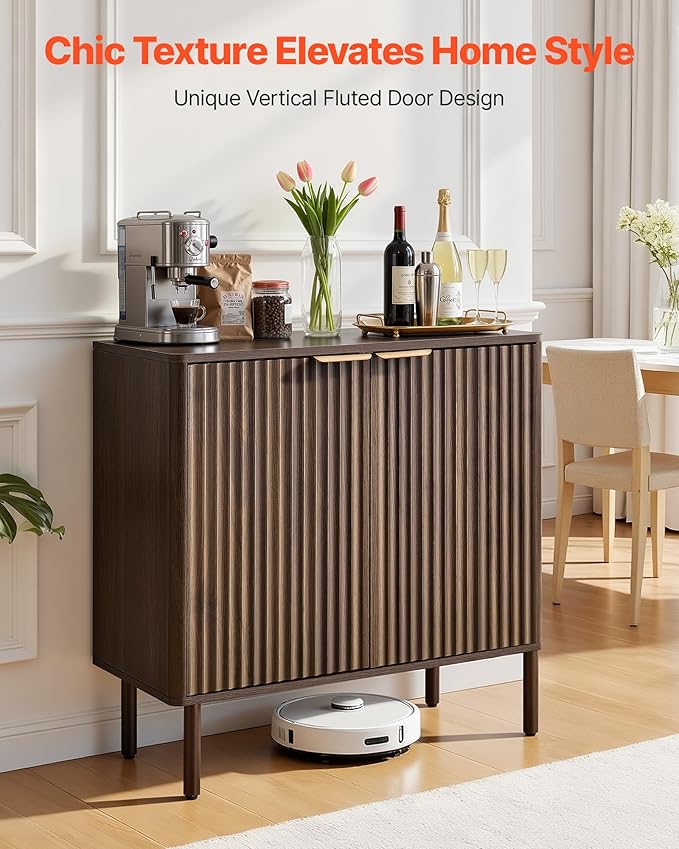 VEVOR Buffet Cabinet, Sideboard Cabinet with 2-Tier Storage, Coffee Bar Cabinet with Adjustable Shelves, Fluted Sideboard Buffet for Hallway, Entryway, Living Room, or Kitchen, Walnut