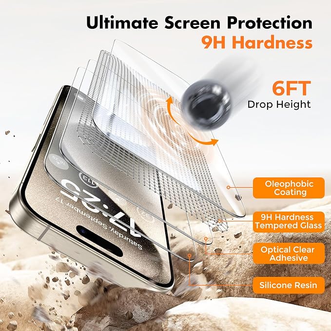 UNBREAKcable 4-Pack iPhone 15 Screen Protector 9H Hardness | 9H tempered glass | 99.99% HD clarity | Double Shatterproof|alignment frame easy install | case-friendly