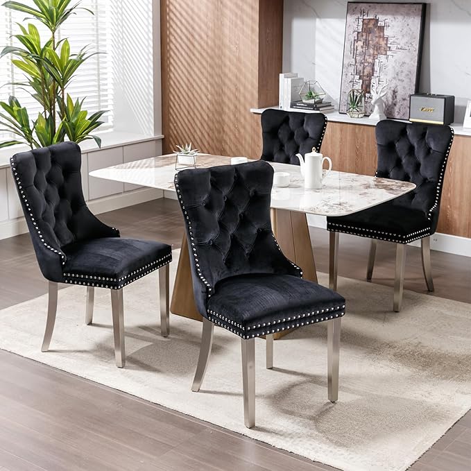 Luxury Upholstered Dining Chairs Set of 4, Black Kitchen Chair with Silver Metal Legs, Velvet Tufted Back Dining Chair, Sillas de Comedor, Modern Kitchen & Dining Room Chairs (Black, 4 Pcs)