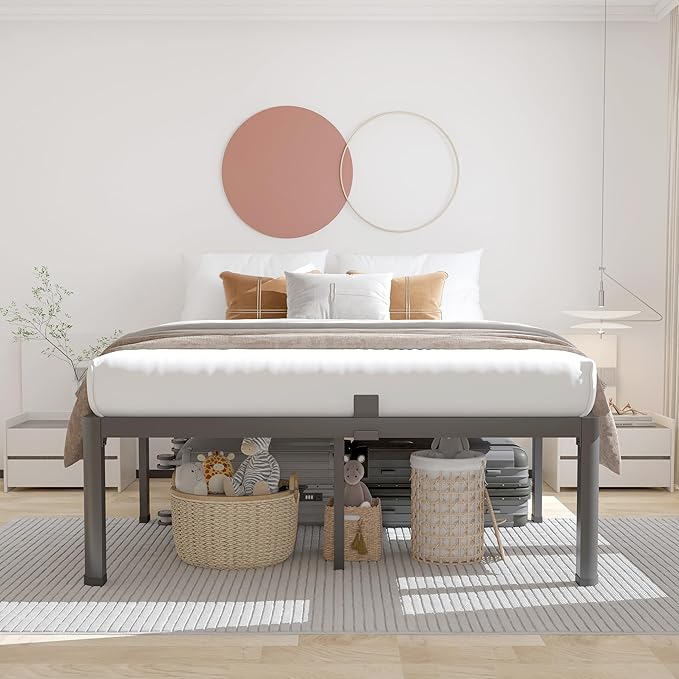 ROIL 16 Inch California King Bed Frame with Rounded Corner and Headboard Hole Mattress Retainers 3500LBS Metal Heavy Duty Steel Slats No Box Spring Needed Platform Noise-Free Easy Assembly