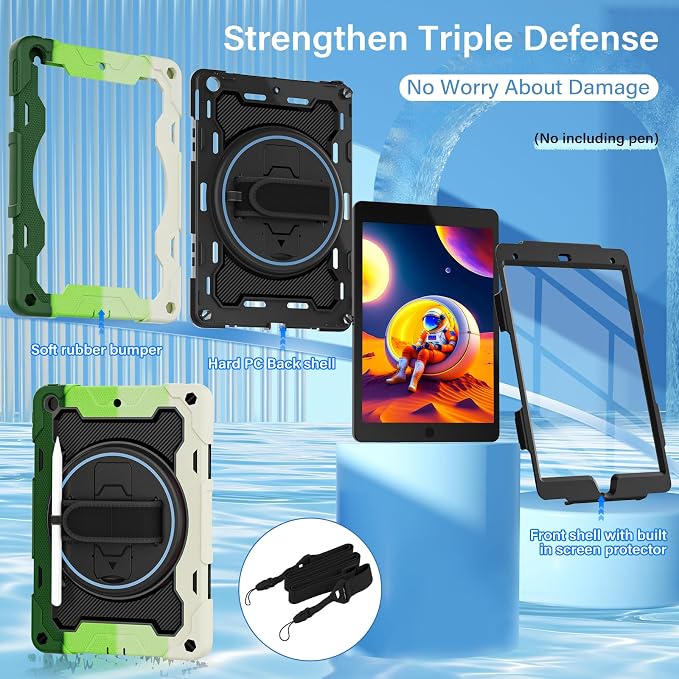 for iPad 9th 8th 7th Gen Case 10.2 inch with Screen Protector | 360° Rotating Kickstand Hand Strap Shoulder Strap Heavy Duty Military Grade - Kids Friendly
