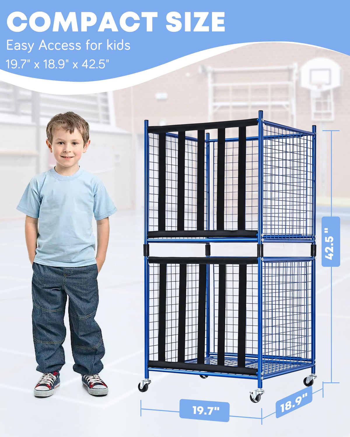Mythinglogic Rolling Sports Ball Storage Cart, Sports Lockable Ball Storage Locker with Casters, Stackable Ball Cage for Garage Storage Garage Organizer (2 Pack Blue)