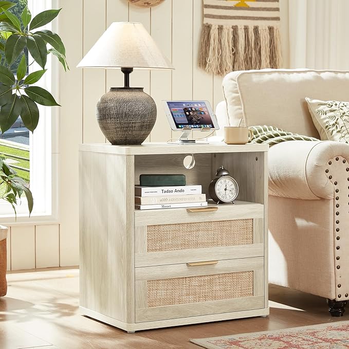 LEYAOYAO Rattan Nightstands with Charger Station, 23" Wide Boho Night Stand with 2 Drawers, Grey White Bedside Table Open Shlef, Bed Side End Table Dresser for Bedroom, Living Room Hallway