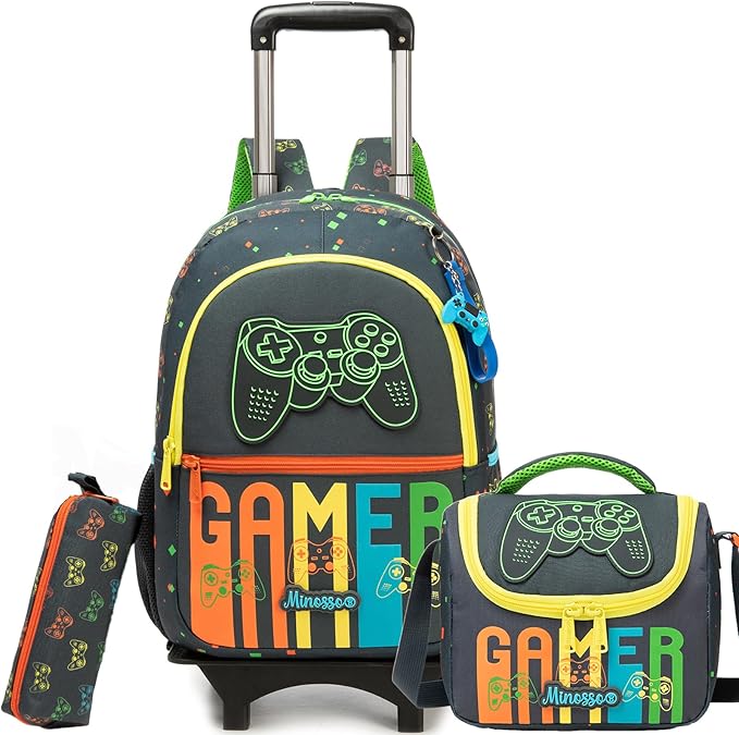 Rolling Backpack for Boys Backpack with Wheels for Kids Backpacks for Daycare with Lunch Box Pencil Case Roller Backpacks for Kids
