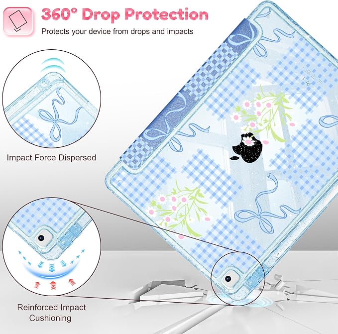 Mektron Sparkly Case for iPad 10.2 inch Glitter Tablet Cases for iPad 9th Gen 2021/8th Gen 2020/7th Gen 2019 Cover with Shiny Clear Back Shell Foldable Bling Smart Cover Blue Floral