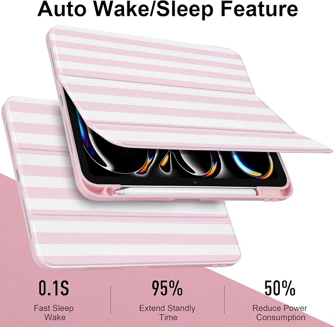 Case for iPad Pro 11 inch M5 2025 /M4 2024 Blue Ribbon Stripe | Blue Ribbon Stripe Folio Case with Clear Back Pencil Holder Trifold Stand and Auto Sleep/Wake for Preppy Aesthetic Users