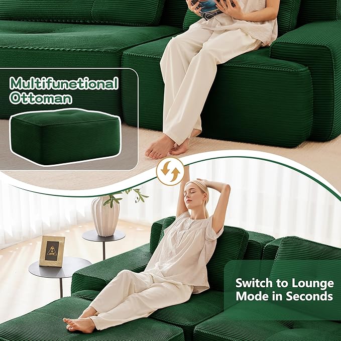 150.4'' Sectional Sofa, 32D Foam Corduroy Boneless Couch with Pillow, Deep Seat Wide Arm Sectional L Shaped Couch for Living Room, Apartment, Bedroom