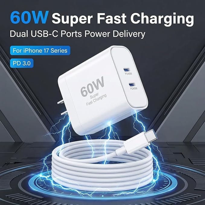 iPhone 17 Charger45W Fast Charging Dual Port USB C Charger Block with 3/6/10/10FT Type C Charging Cable-PD Quick Adapter 3.0 for iPhone 17e/17/17 Pro/17 Pro Max/Air/16/15 Pro Max/PlusiPad (Black)