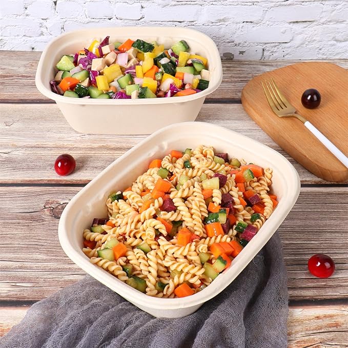 44 oz Disposable salad bowls with lids, Sugarcane Fiber Paper Bowls take away Bagasse food containers meal prep deli container 50 Pack