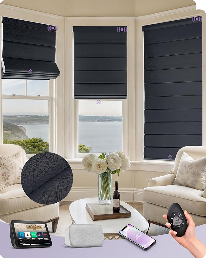 Graywind Smart Roman Shades Compatible with Alexa Google Rechargeable Motorized Blinds with Remote Blackout Roman Window Shades Plain Fold Soft for Doors Bedroom, Custom Size (Flowline Midnight)