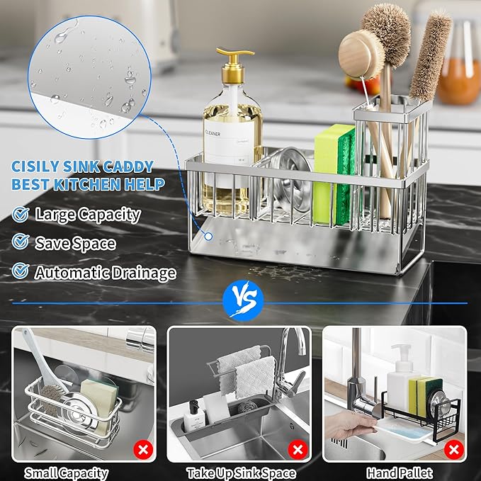 Cisily Sink Caddy Sponge Holder for Kitchen, 304 Stainless Steel Rustproof, Kitchen Sink Caddy with High Brush Holder, Dish Sponge Organizer with Divider(Silver)