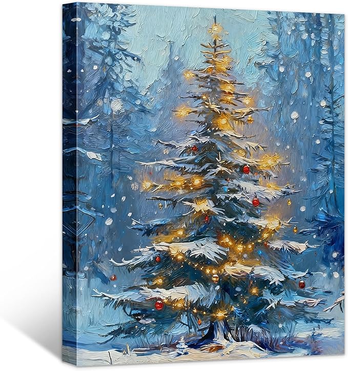 Framed Christmas Pictures Wall Decor,Vintage Pine Tree Prints,Winter Christmas Canvas Wall Art Decoration for Bedroom Bathroom Living Room Rustic Xmas Holiday Gifts (Christmas Tree 1, 16'' X 24'')