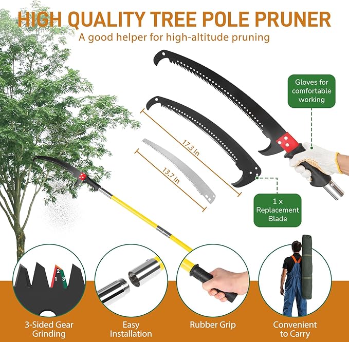 VINGLI Manual Pole Saw for Tree Trimming, 26 ft Extendable Tree Pruner, Sharp Steel Blade and Scissors, High Tree Branch Cutter with Lightweight 8 Fiberglass Long Handles, for Pruning Palms and Shrubs