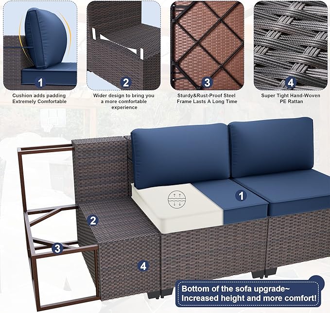 Kurapika 9 Pieces Patio Furniture Set, Rattan Wicker Outdoor Conversation Sets w/4in Cushion and Glass Coffee Table(Navy Blue)