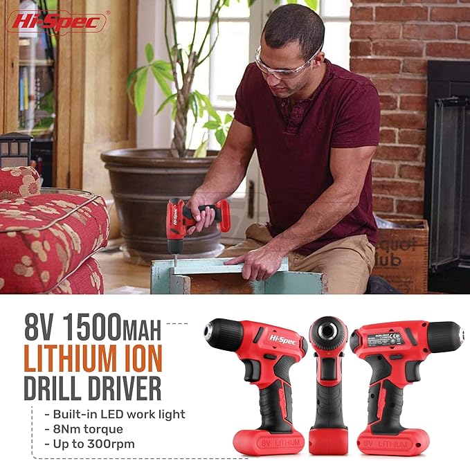 Hi-Spec 58pc Red 8V USB Electric Power Cordless Drill Driver and Home DIY Tool Kit Set. Screw Driver and Drill Bit Set Accessories, Pliers and Hammer In a Toolbox Case