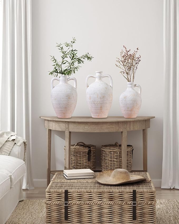 UPWOIGH Ceramic Flower Vase, 9.8 inch Tall Off-White Farmhouse Rustic Vase, Handcrafted Weathered Handle Pottery Vases, Large Flower Terracotta Vases for Home Decor, Living Room, Table, Shelf