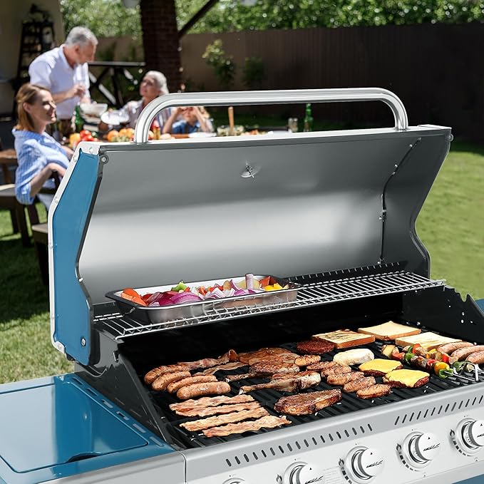 Royal Gourmet GA6402B 6 Burner Propane Gas Grill with Side Burner and Warming Rack, 74,000 BTUs, Cabinet Style Gas BBQ Grill for Barbecue Grilling & Backyard Cooking, Blue