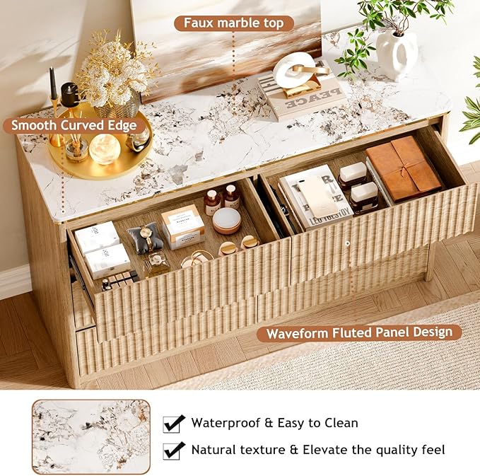 Fluted Dresser for Bedroom with 6 Drawers, 47.2" Modern Chest of Drawers with Faux Marble Top, Curved Profile Design,Dresser TV Stand, Wood Drawer Organizer for Living Room, Hallway, Oak1