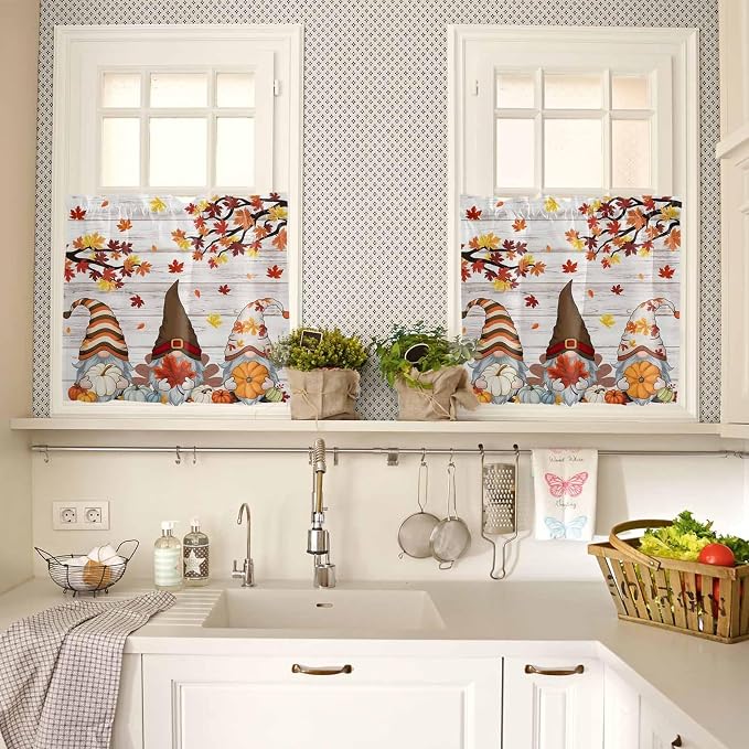 Fall Gnomes Kitchen Curtain Set, Thanksgiving Maple Leaf Grey Wood Grain Window