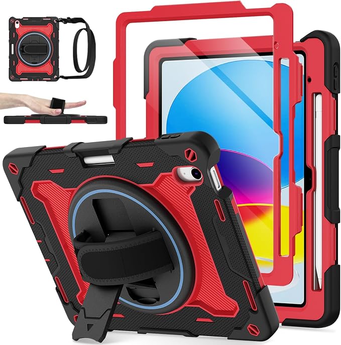 for iPad 9th 8th 7th Gen Case 10.2 inch with Screen Protector | 360° Rotating Kickstand Hand Strap Shoulder Strap Heavy Duty Military Grade - Kids Friendly