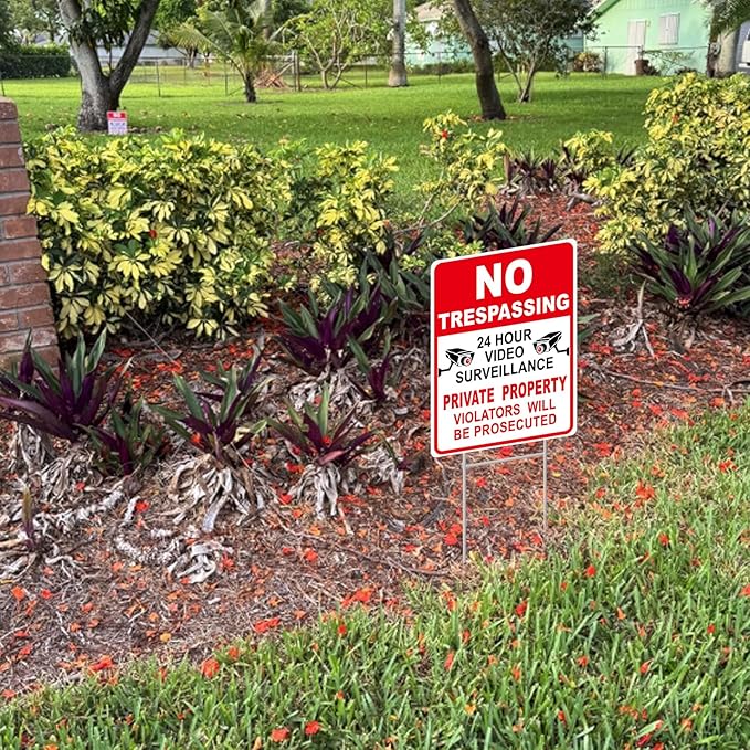 GXGGUS NO Trespassing Signs Private Property Video Surveillance Sign, Large 2-Pack 13"x10" Double-Sided Signs, H-Stake Metal Stakes, Outdoor Yard Sign for Home and Front Door Land, and Garden, Lawn