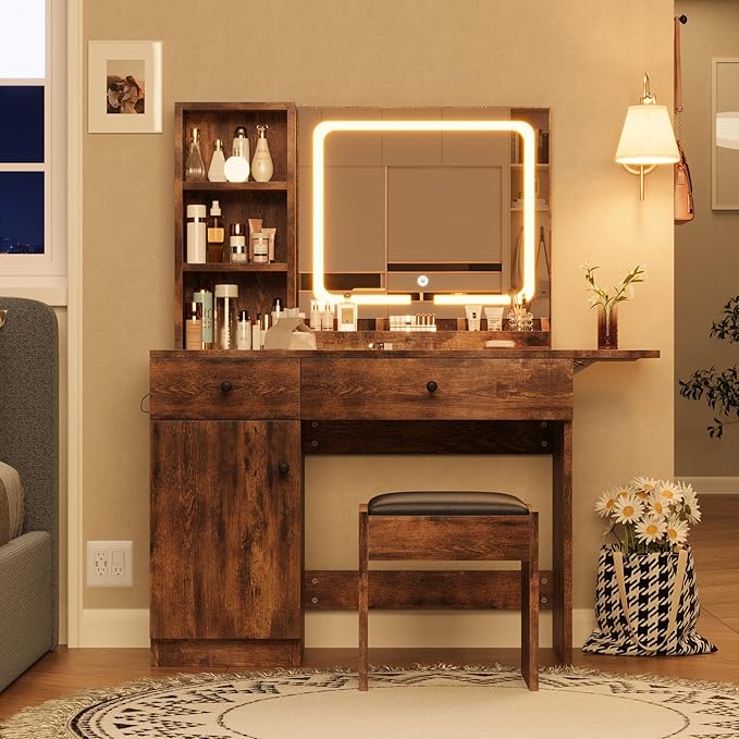 GarveeHome Makeup Vanity Desk with Mirror and Lights, Vanity Table Set with Drawer & Power Outlet ＆ Chair & 3 Shelves, Bedroom, Brown