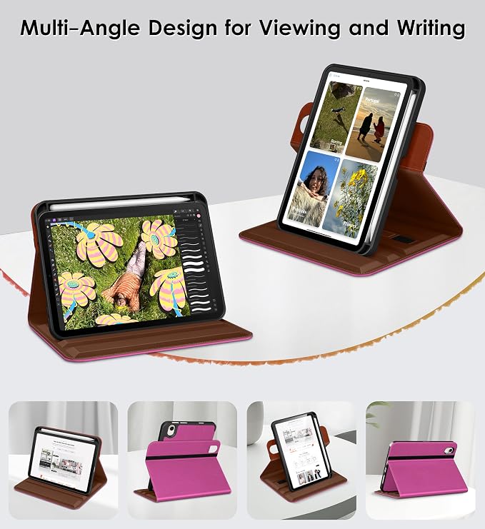 DTTO for iPad mini 7 A17 Pro 2024 aslo fit iPad mini 6 2021 Brown | 360 Degree Rotating Premium Faux Leather Folio Stand Cover with Pencil Holder Auto Sleep/Wake Multiple Angles Hand Strap