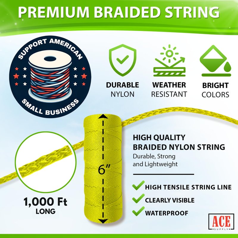 Yellow String Line Level - #18 Nylon String - 1000 Ft Length - Yellow Twine for Mason Line, Construction, Gardening, Leveling