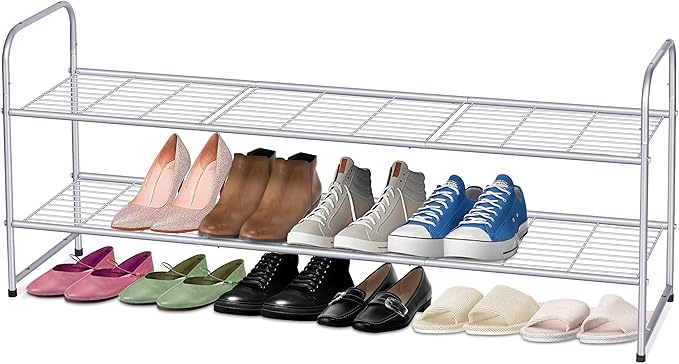 KEETDY 2-Tier Long Shoe Rack for Closet Shoe Organizer for Entryway, Metal Stackable Shoe Storage Shelf for 18 Pairs Sneakers with Strong Wire Grid, Gray